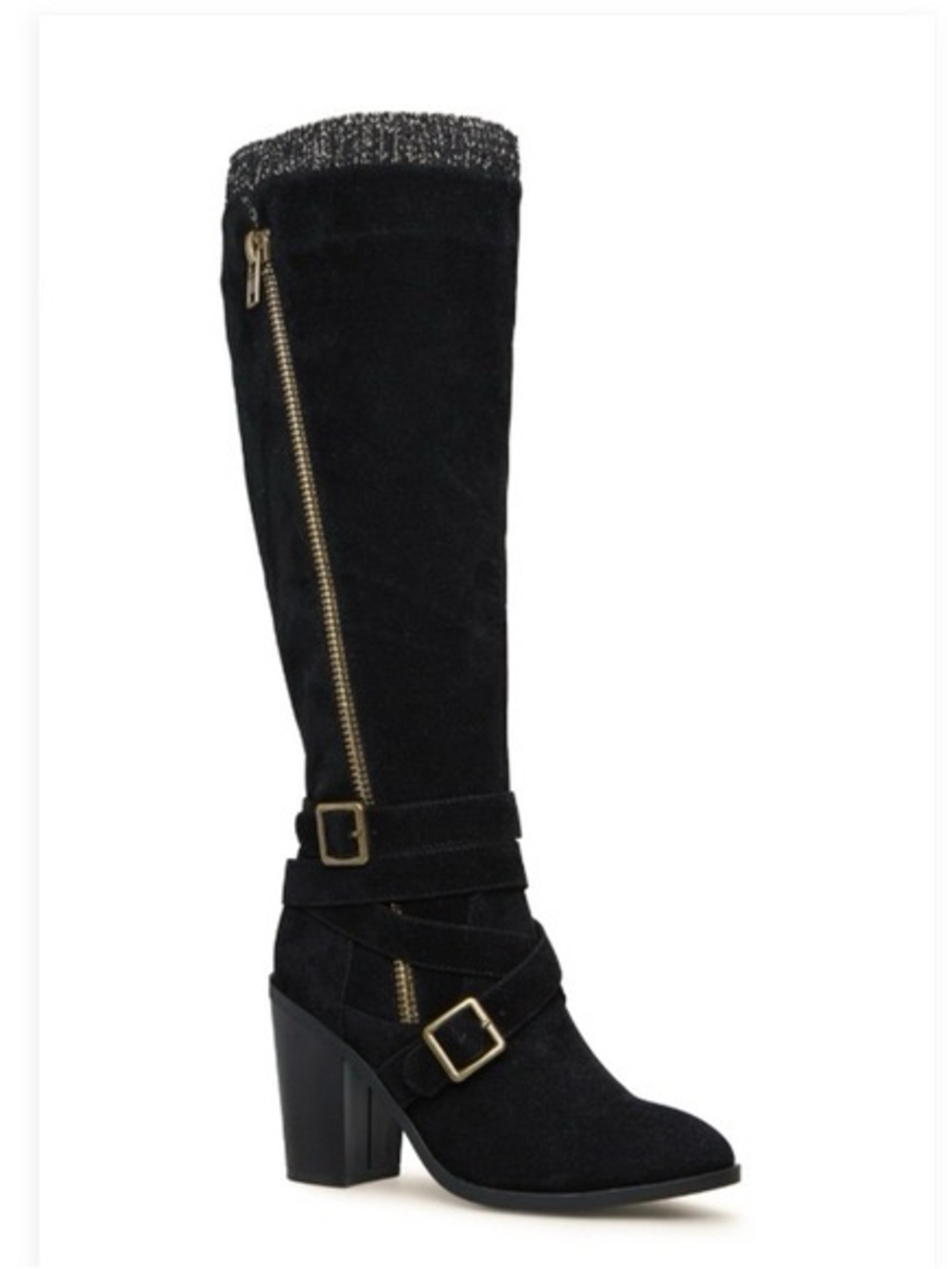 JustFab Black Suede Knee-High Heeled Boot with Gold Hardware